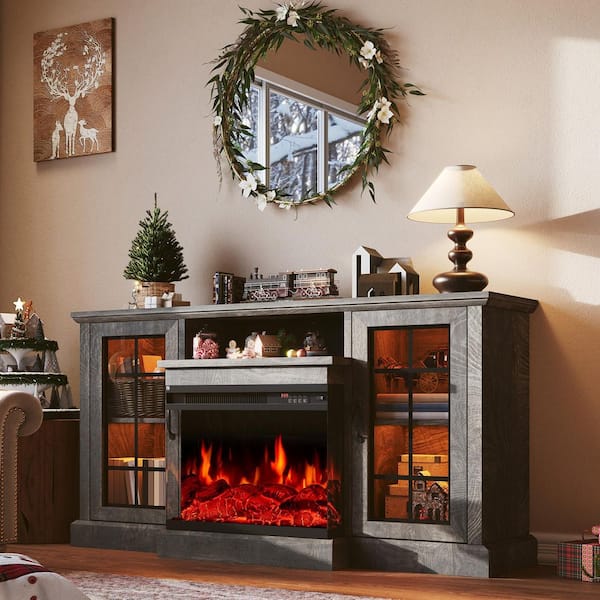 Modern Gray 59 in. Freestanding TV Stand with Dual Glass Cabinets and 24 in. 3-Sided Electric Fireplace Insert