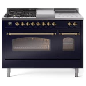 Nostalgie II 48 in. 5 Burner plus Frenchtop plus Griddle Liquid Propane Dual Fuel Range in Midnight Blue with Brass