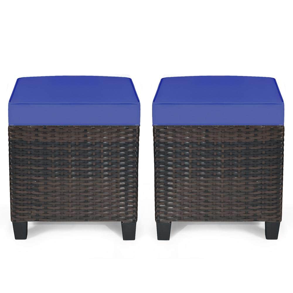 Mix Brown Frame Wicker Outdoor Ottomans with Navy Cushions (2-Pack)