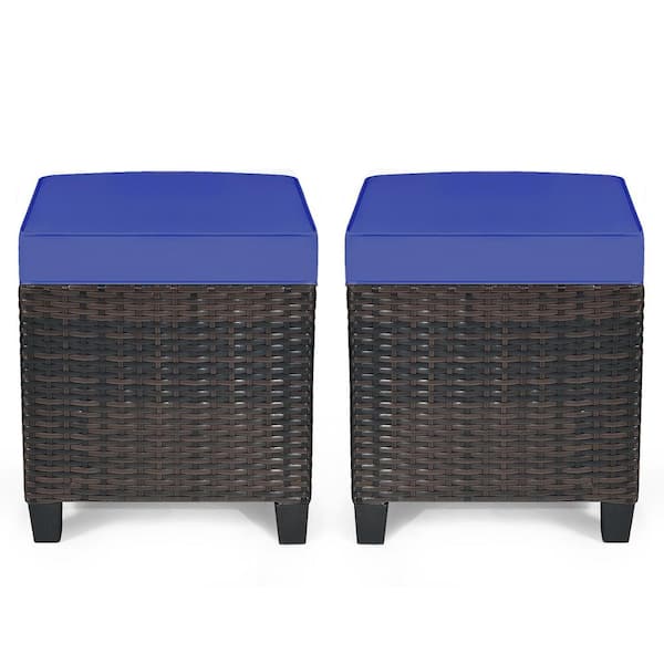 Unbranded Mix Brown Frame Wicker Outdoor Ottomans with Navy Cushions (2-Pack)