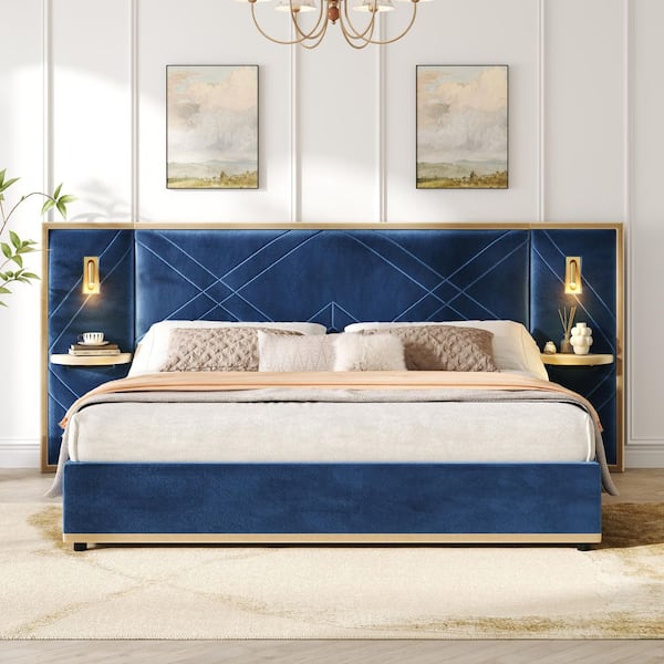Kryden Glam Blue Velvet Upholstered Wood Frame King Platform Bed with Wingback Headboard, LED Lights and Side Panels