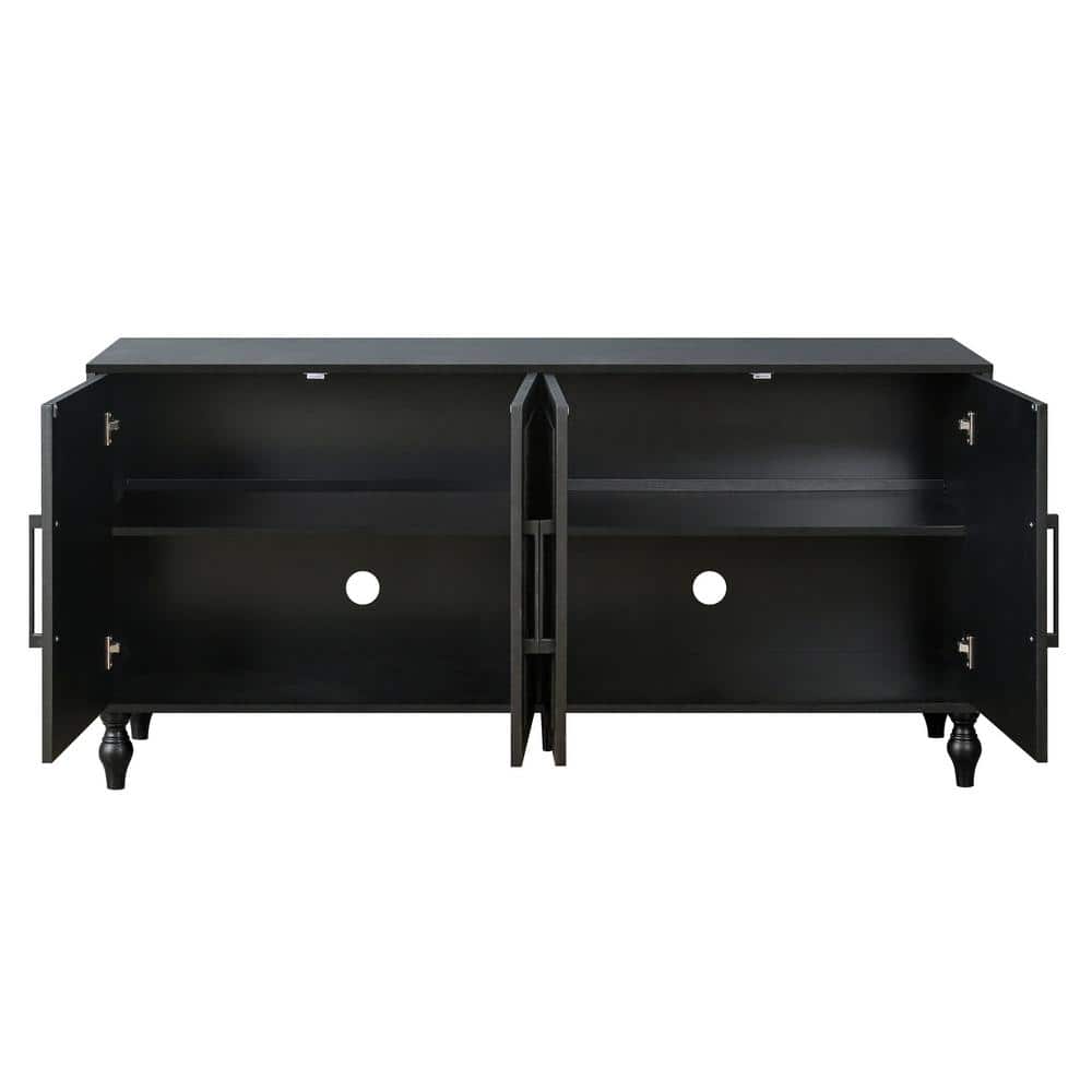 Black 63" MDF Sideboard with Carved Flower Doors and Metal Handles