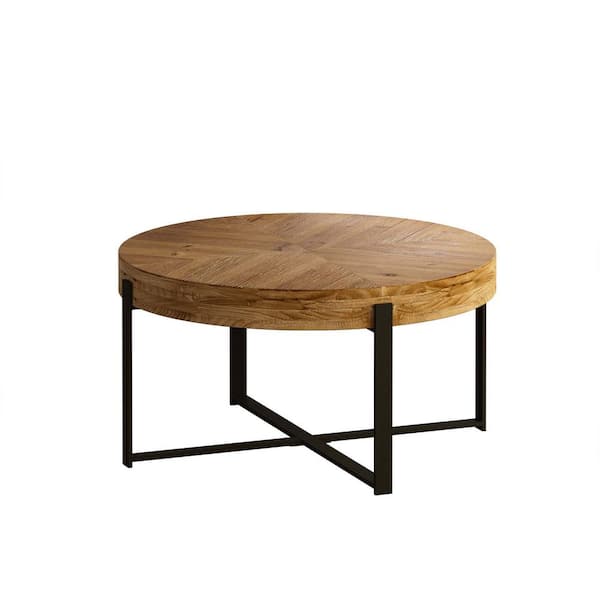 Unbranded 33.86 in. Modern Retro Splicing Round Fir Wood Tabletop Coffee Table with Black Cross Legs Base