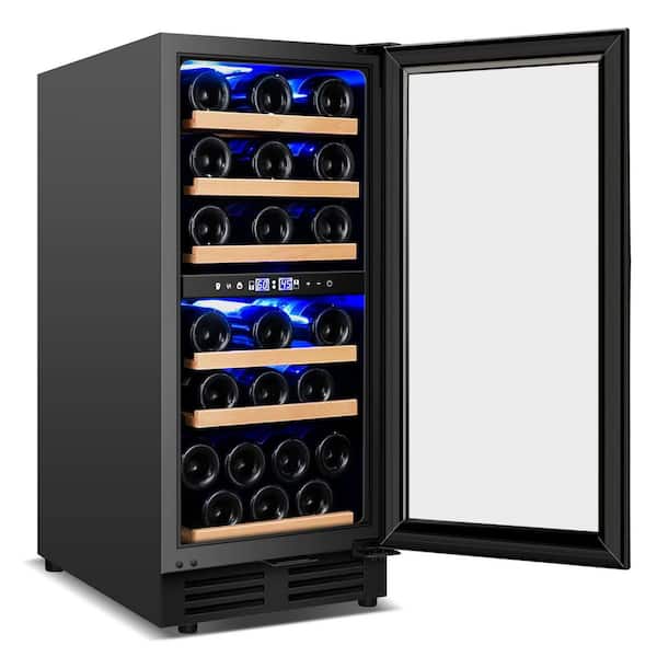 15 in. Dual Zone 30-Bottle Wine Cooler in Black w/ Six Removable Beechwood Shelves Built in Wine Fridge Reversible Hinge