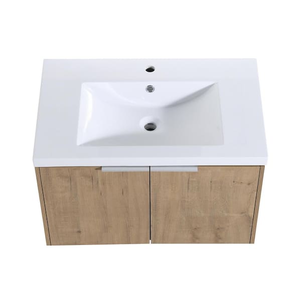Aoibox 30 in. W Single-Sink Floating Imitative Oak Finish Bath Vanity with White Resin Top 2-Soft Close Doors w/Metal Handle