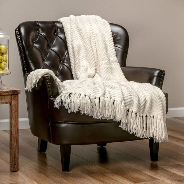 Textured Knit Creme Acrylic Polyester Throw Blanket with Tassels - 60 in. x 70 in.