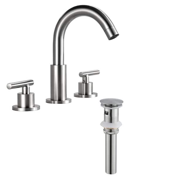 8 in. Widespread Double Handle Bathroom Faucet with 360° Spout Swivel and Pop-up Drain in Brushed Nickel