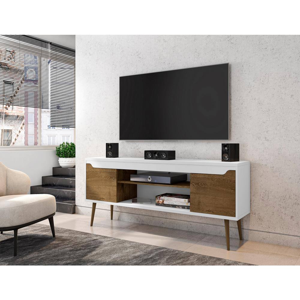 Bradley 63'' Glossy White and Rustic Brown Wood TV Stand with Cabinet