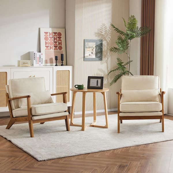 Beige Linen Arm chair (Set of 2) with Wide Armrest