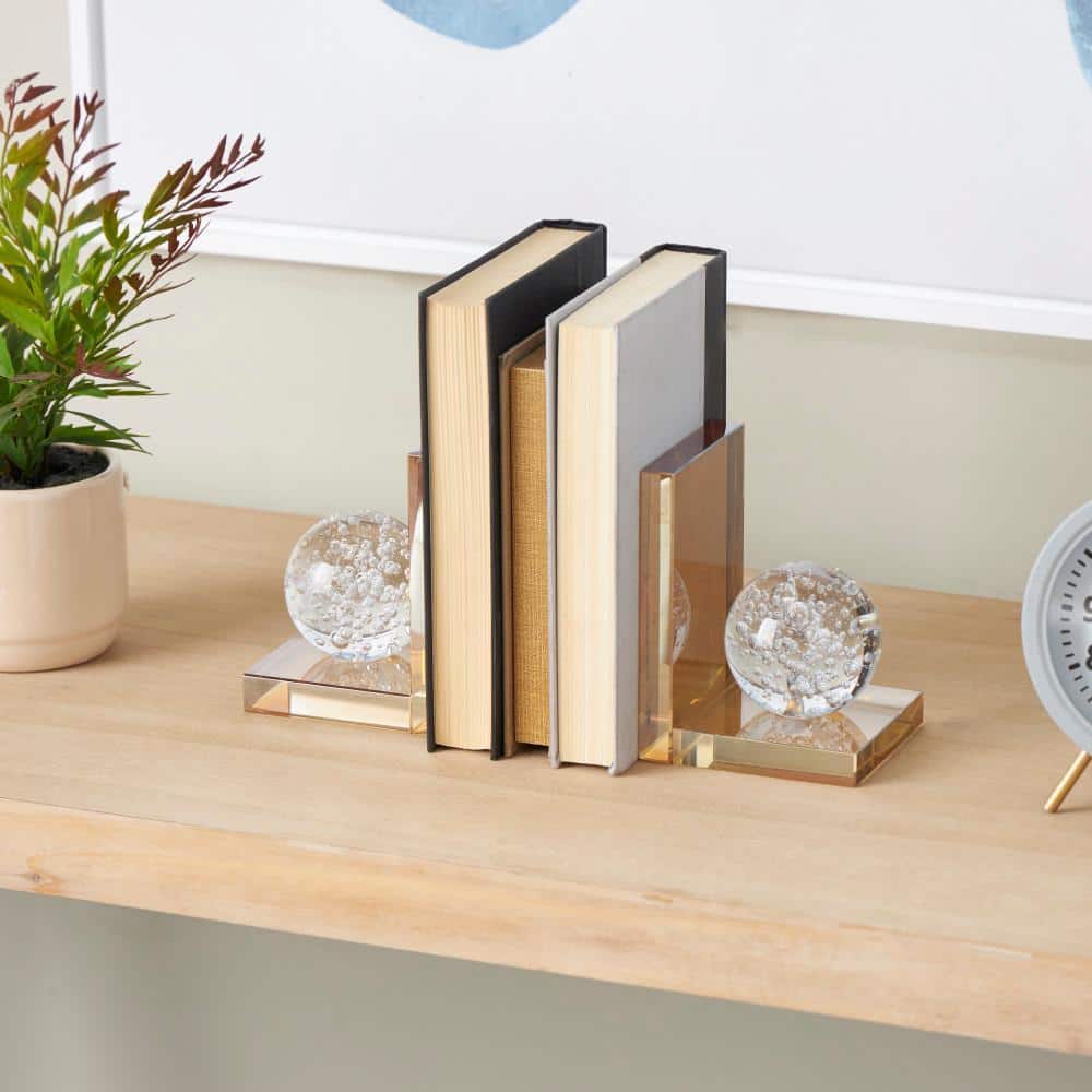 Litton Lane Gold Glass Geometric Bookends with Clear Orbs and Bubble