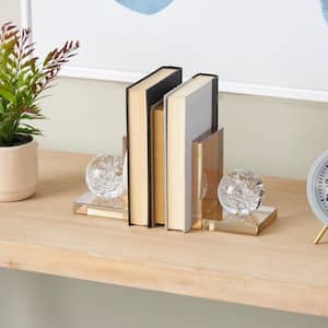 Gold Glass Geometric Bookends with Clear Orbs and Bubble Texturing (Set of 2)