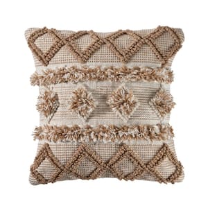 Neutral Beige / White 20 in. x 20 in. Soft Pom Pom Geometric Polyester Indoor/Outdoor Throw Pillow