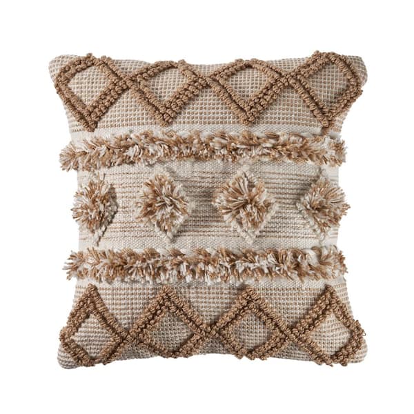 LR Home Neutral Beige / White 20 in. x 20 in. Soft Pom Pom Geometric Polyester Indoor/Outdoor Throw Pillow
