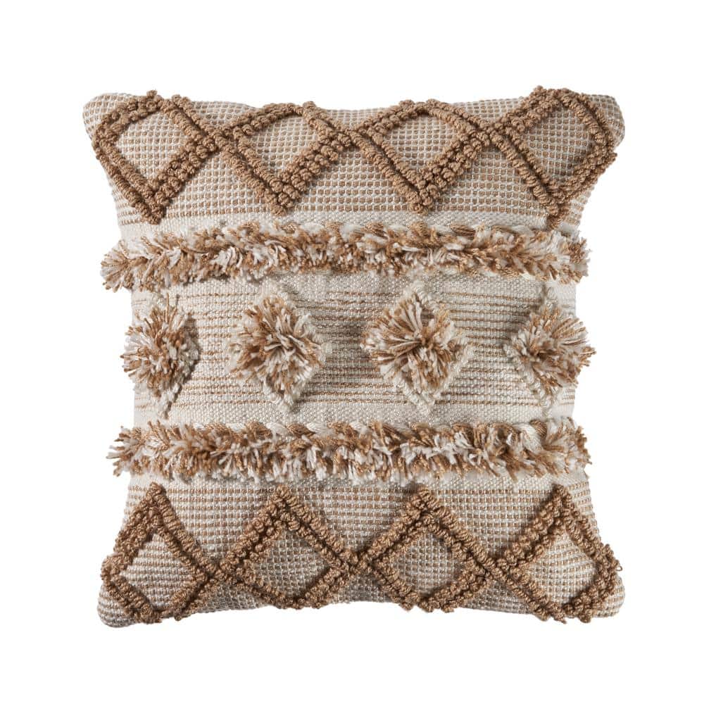 Neutral Beige / White 20 in. x 20 in. Soft Pom Pom Geometric Polyester Indo