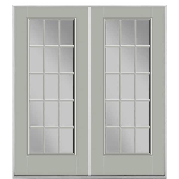 Masonite 72 in. x 80 in. Silver Cloud Fiberglass Prehung Left Hand Inswing 15-Lite Clear Glass Patio Door in Vinyl Frame