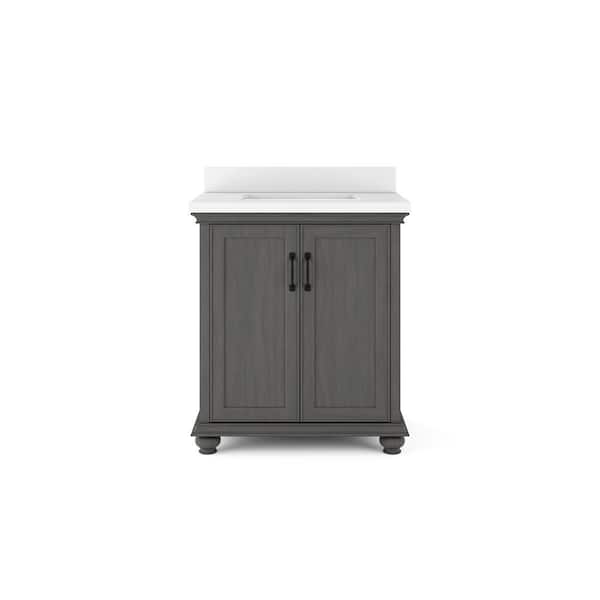 Thomasville Ellamar 30 in. W x 20 in. D Bath Vanity in Antique Grey with Quartz Stone Vanity Top in White with White Basin