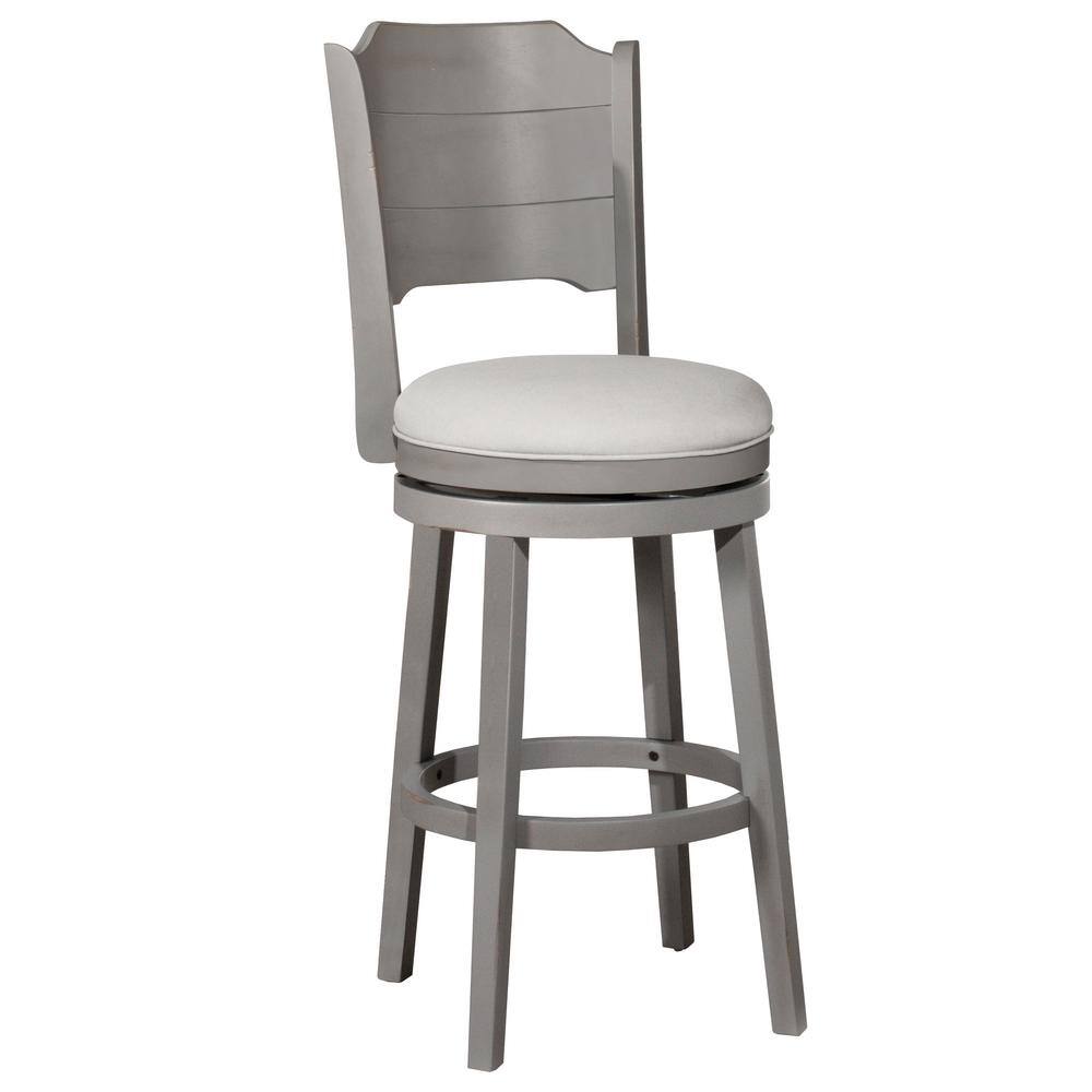 Clarion Distressed Gray Wood Swivel Barstool with Fog Gray Upholstery
