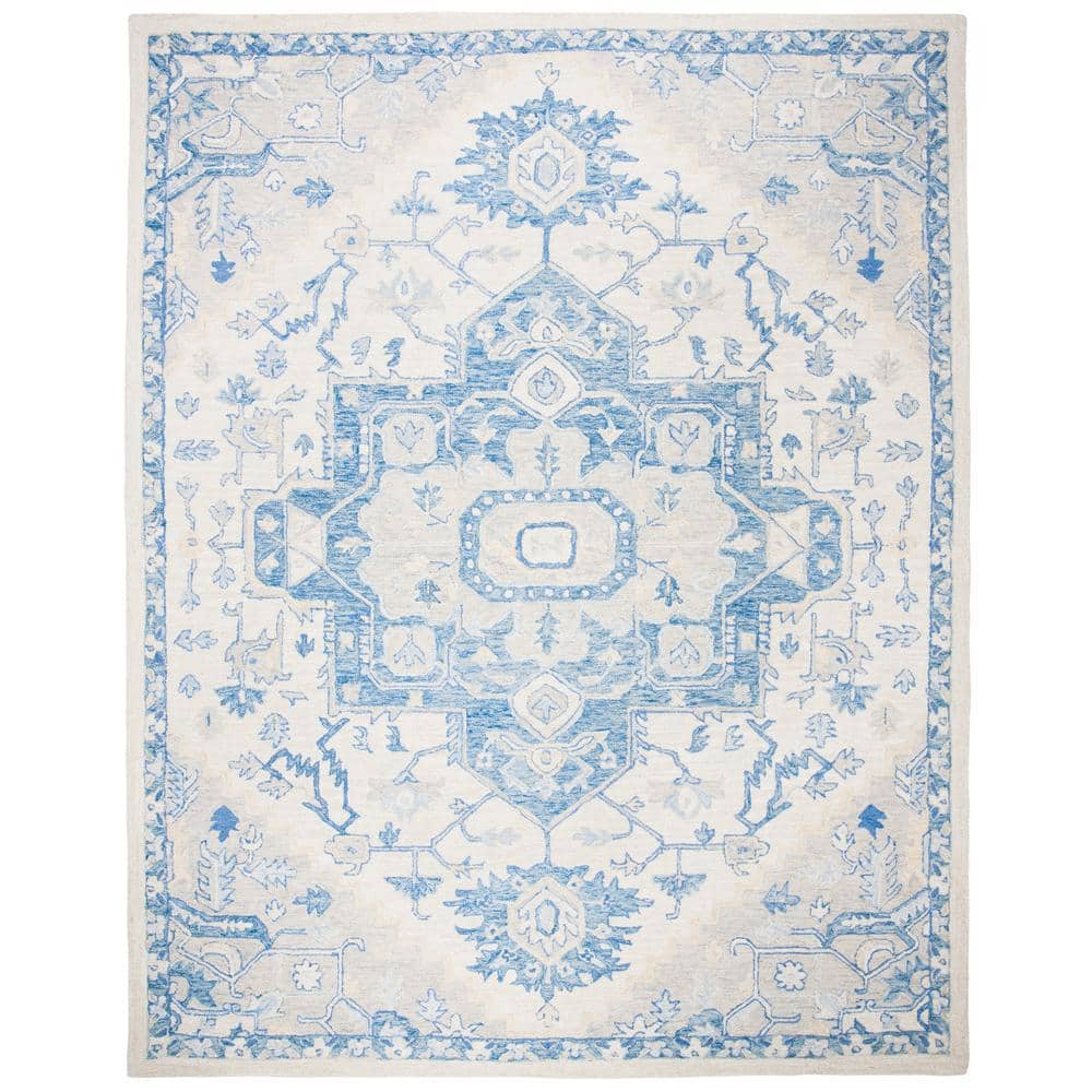 Handmade Ivory and Blue Wool Square Area Rug, 8' x 10'