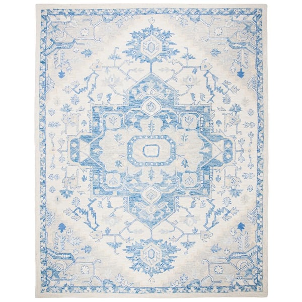 SAFAVIEH Micro-Loop Ivory/Blue 8 ft. x 10 ft. Floral Medallion Area Rug