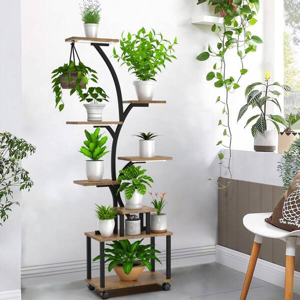 63 in. Rustic Brown 8-Tier Composite Wood Indoor Plant Stand with