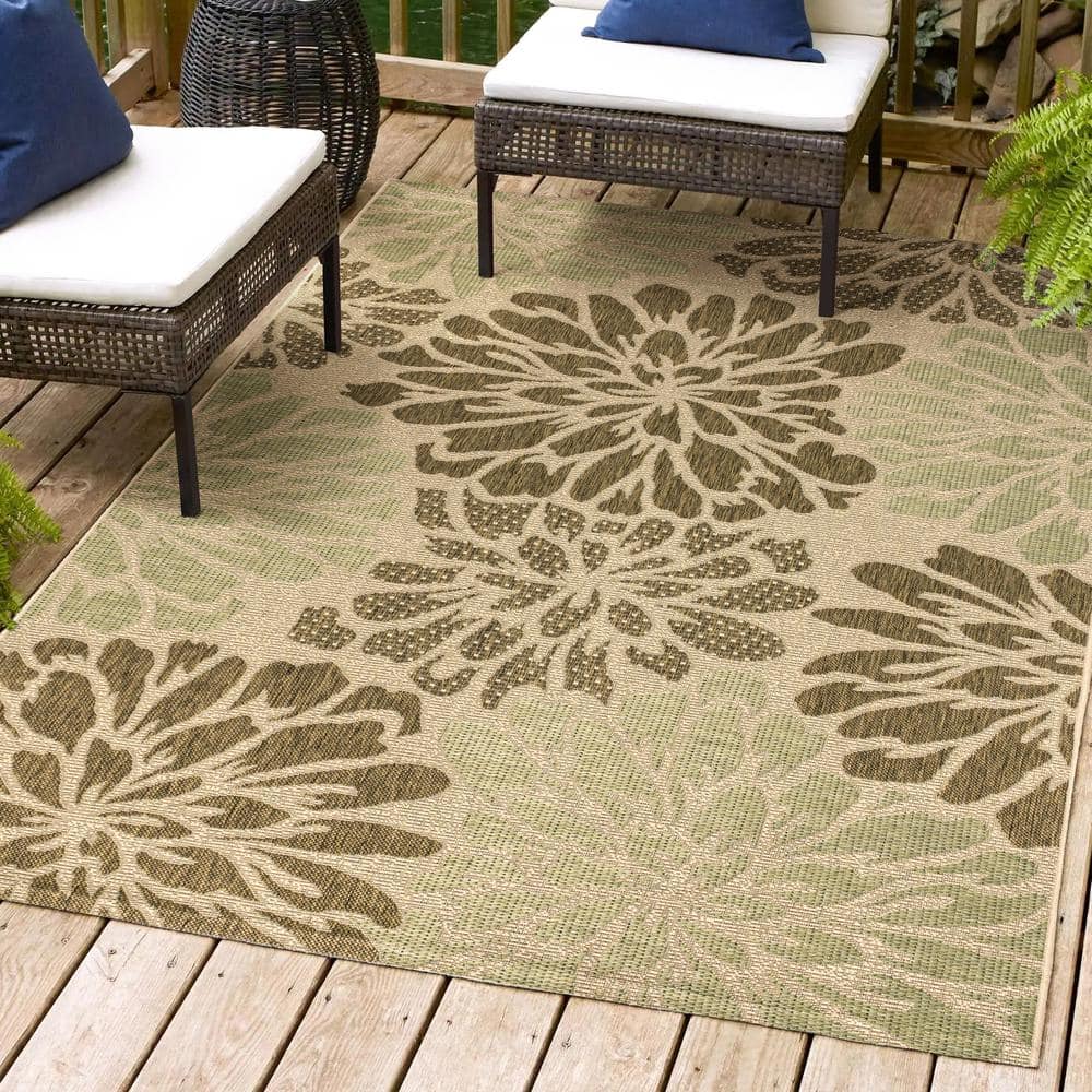 Zinnia Modern Floral Textured Weave Sage/Brown 5 ft. x 8 ft. Indoor/Outdoor Area Rug