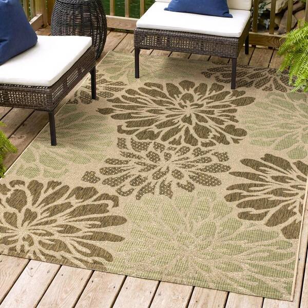 Zinnia Modern Floral Sage/Brown 5 ft. 3 in. x 7 ft. 7 in. Textured Weave Indoor/Outdoor Area Rug