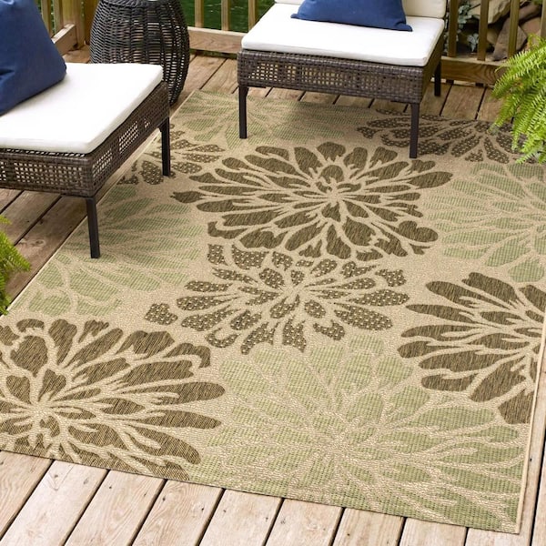Zinnia Modern Floral Textured Weave Sage/Brown 9 ft. x 12 ft. Indoor/Outdoor Area Rug
