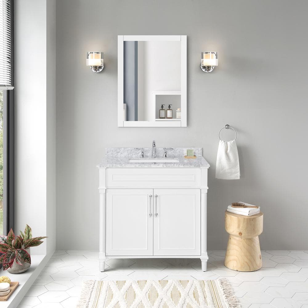 Home Decorators Collection Aberdeen 36 in. Single Sink Freestanding White  Bath Vanity with Carrara Marble Top (Assembled) 8103600410 - The Home Depot