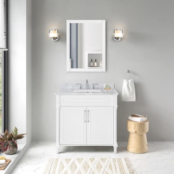 Home Decorators Collection Aberdeen 36 in. Single Sink Freestanding White Bath Vanity with Carrara Marble Top (Assembled)