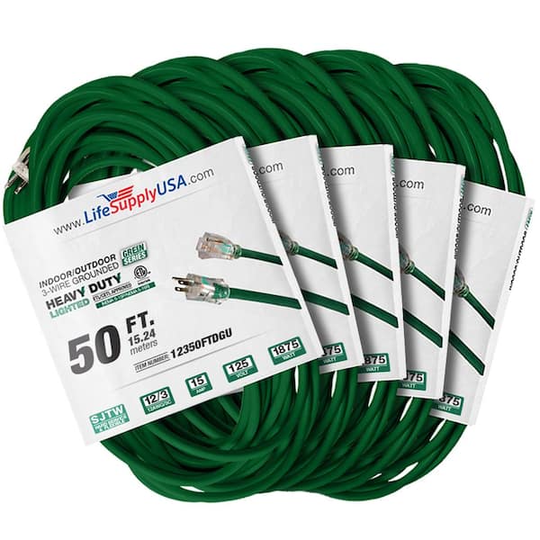 LifeSupplyUSA 50 ft. 12-Gauge/3 Conductors SJTW Indoor/Outdoor Extension Cord with Lighted End Green (5-Pack)