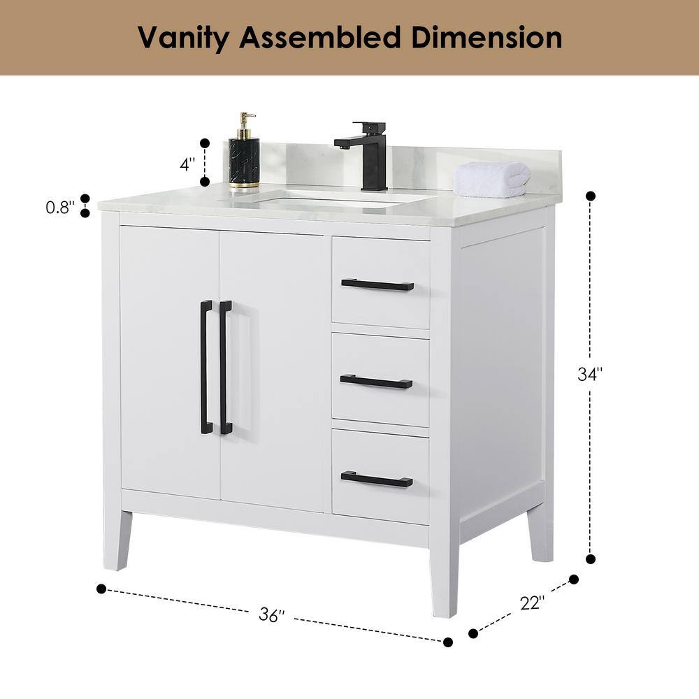 Laurel 36" White Wood Vanity with Calacatta Quartz Countertop