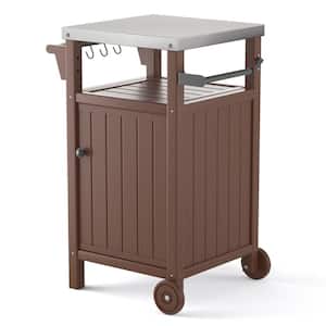 Outdoor Grill Cart Table with Storage Waterproof Grill Cabinet, Stainless Steel Tabletop Outdoor Kitchen Island, Brown