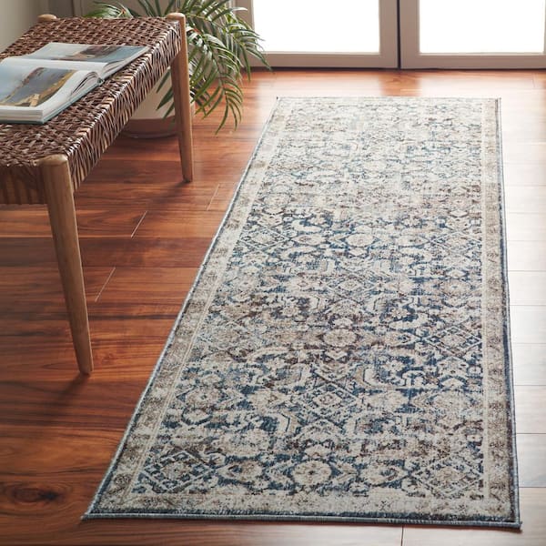Antique Patina Blue/Beige 2 ft. x 8 ft. Distressed Border Ornate Runner Rug