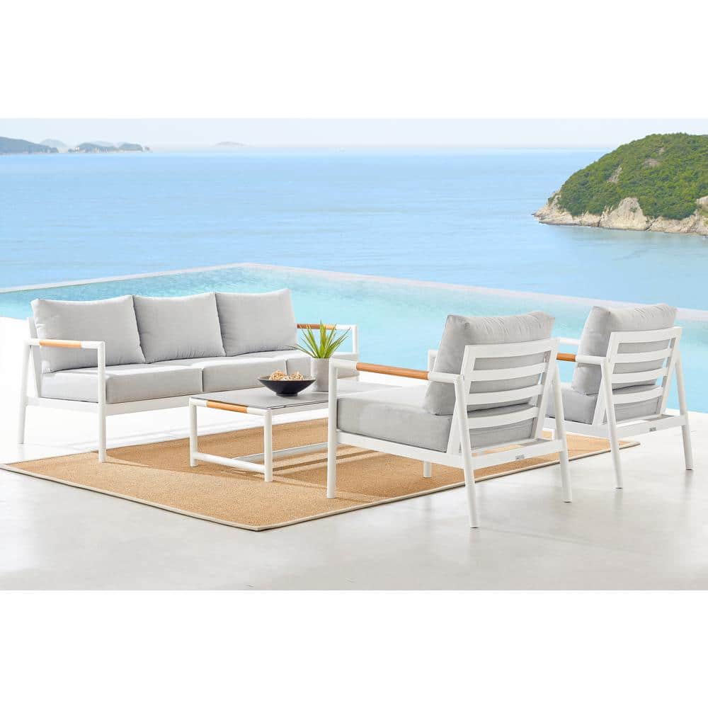 Crown 78" White Aluminum and Teak Wood Outdoor Sofa Set