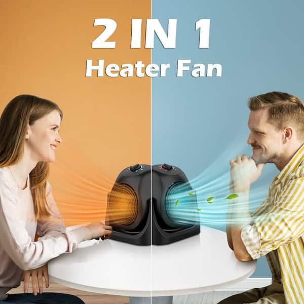 8 in. Desk Fan in Black, 2 in 1 Heater Fan Combo, 45° Tilt, 2 Wind Speeds, 1500-Watt Overheat Protection, Personal Fan