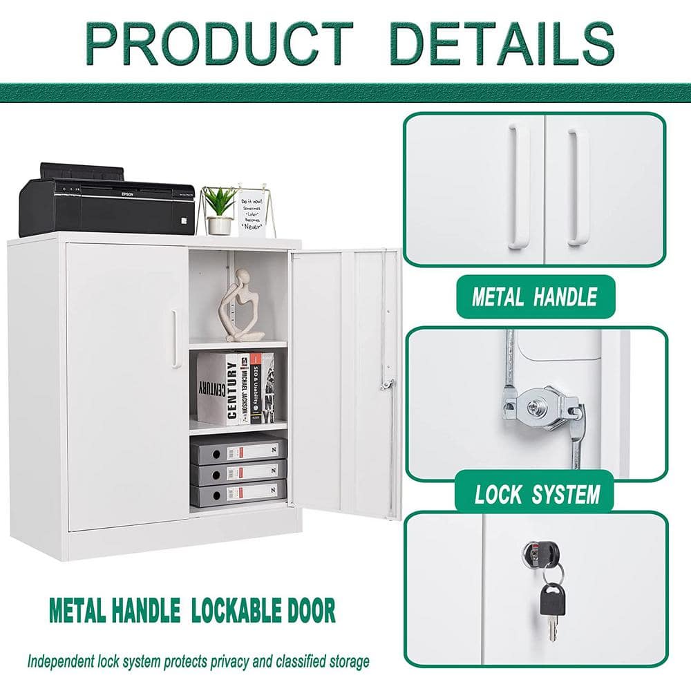 White Lockable Freestanding Office Cabinet with Adjustable Shelving