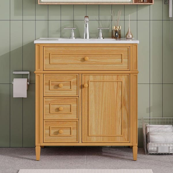 30 in. W Freestanding Wood Solid Wood Frame Bath Vanity with White Ceramic Top, Flip-Out Drawer, Wood Handles