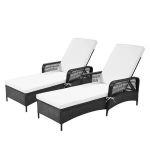 2-Piece Wicker Outdoor Chaise Lounge with Beige Cushions, Adjustable Backrest Sun Lounger for Poolside, Patio, Yard