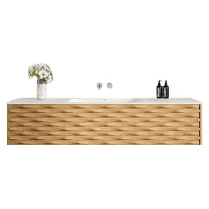 Oahu 55 in. W Solid Wood Floating Bath Vanity in Natural Oak with White Solid Surface Top