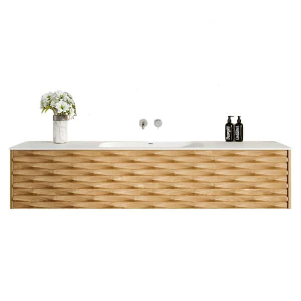 Oahu 55 in. Single Sink Floating Oak Bath Vanity with White Solid Surface Top (Assembled)