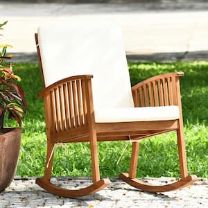 Wooden Patio Outdoor Rocking Chair Lawn Garden with Armrest Beige Cushion