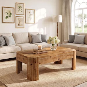 Allan 47.24 in. Brown Rectangle Solid Wood Coffee Table with Curved Leg, Farmhouse Accent Center Table
