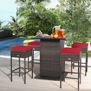 5-Piece Patio Bar Set Rattan Bar Furniture Set with Table & 4 Cushioned Stools Red