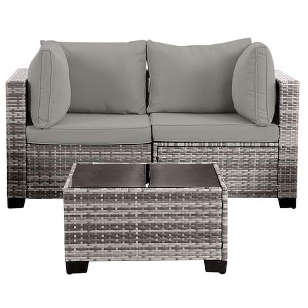 3-Piece Patio Furniture Gray Wicker Bistro Set with Gray Cushions and Coffee Table