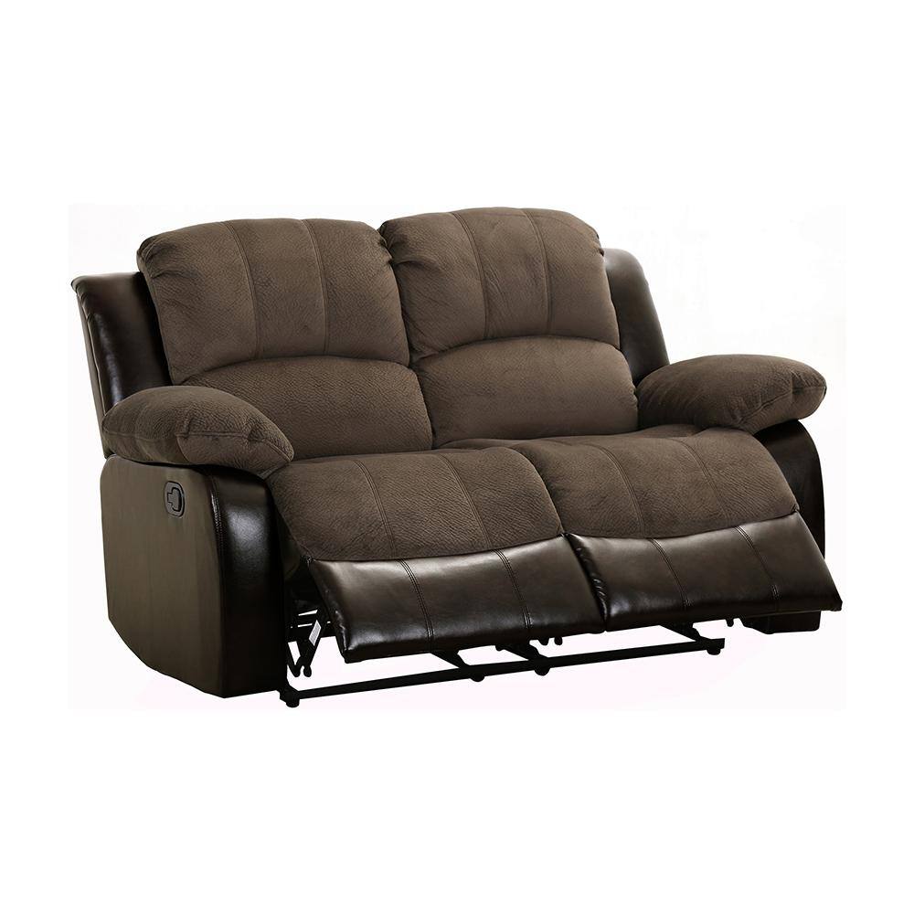 Brown Tufted Faux Leather Reclining Loveseat with Wood Frame