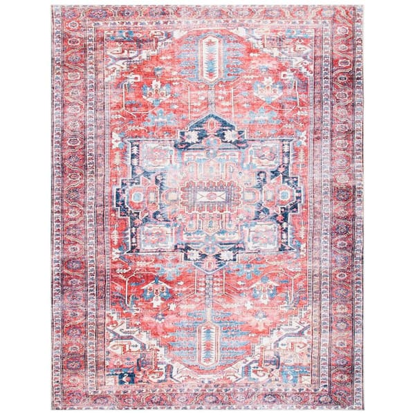 Serapi Red/Navy 8 ft. x 10 ft. Machine Washable Border Floral Area Rug
