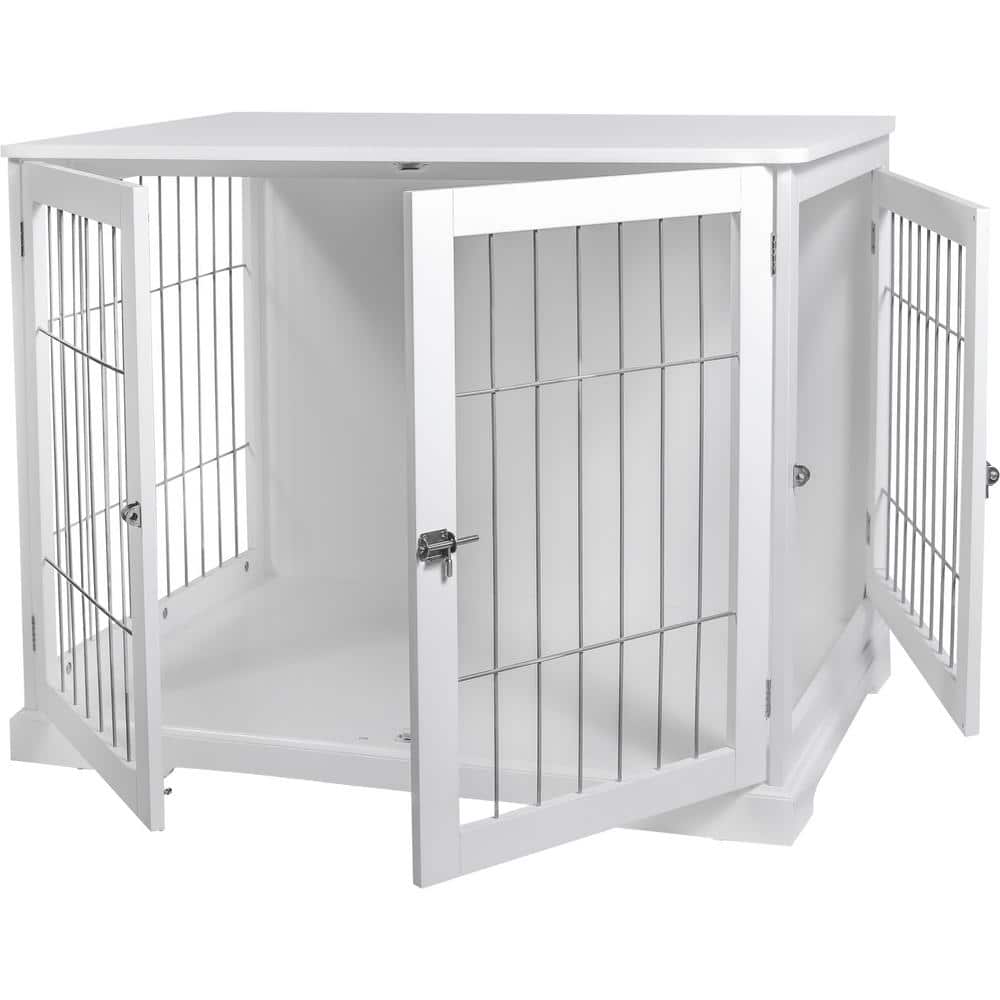 White Wooden Small Dog Crate Table with Lockable Doors