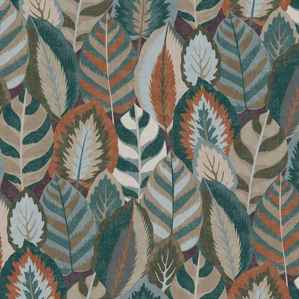Unbranded Arty Leaves Green, Blue, and Terra Matte Non-Pasted Vinyl Wallpaper