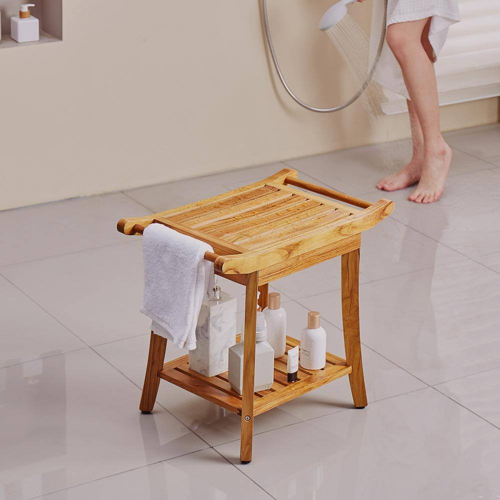 Teak Wood Shower Bench with Handles and Storage Shelf
