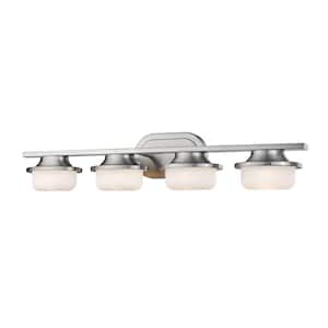 Optum 30 in. 4-Light Brushed Nickel Integrated LED Shaded Vanity Light with Matte Opal Glass Shade